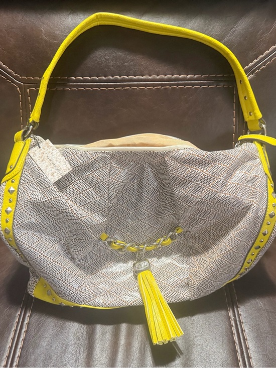 Kathy Van Zeeland Handbags - Kathy Van Zeeland Neutral Textured Shoulder Hobo with Yellow Trim